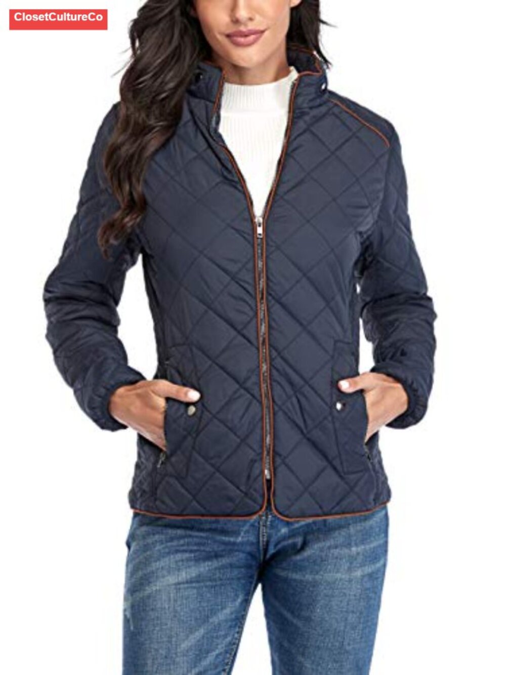 Women's Quilted Lightweight Jacket Stand Collar Zip Warm Winter Coat Pockets